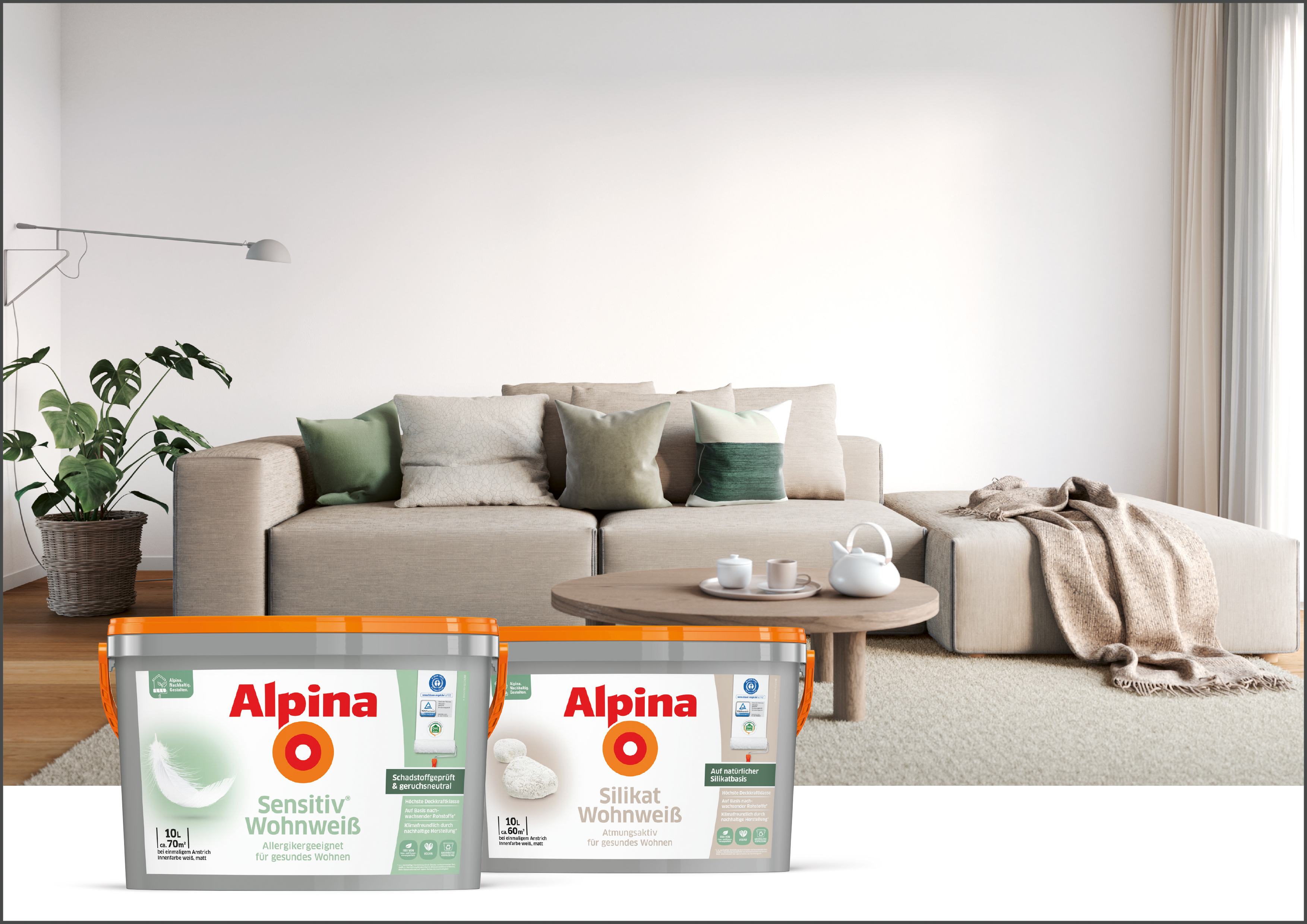 Alpina Sensitiv und Silikat Wohnweiß sind zwei Beispiele für wohngesunde Innenfarben. Beide Farben sind schadstoff- und emissionsgeprüft und frei von Weichmachern und Löse- und Konservierungsmitteln. Sie sind sowohl mit dem Blauen Engel zertifziert, als auch mit dem Siegel ,,Allergikergeeignet'' von TÜV.
